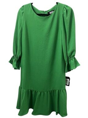 DKNY Green Mini Dress Puff Sleeve Ruffle Hem Flowy Size 8 NWT